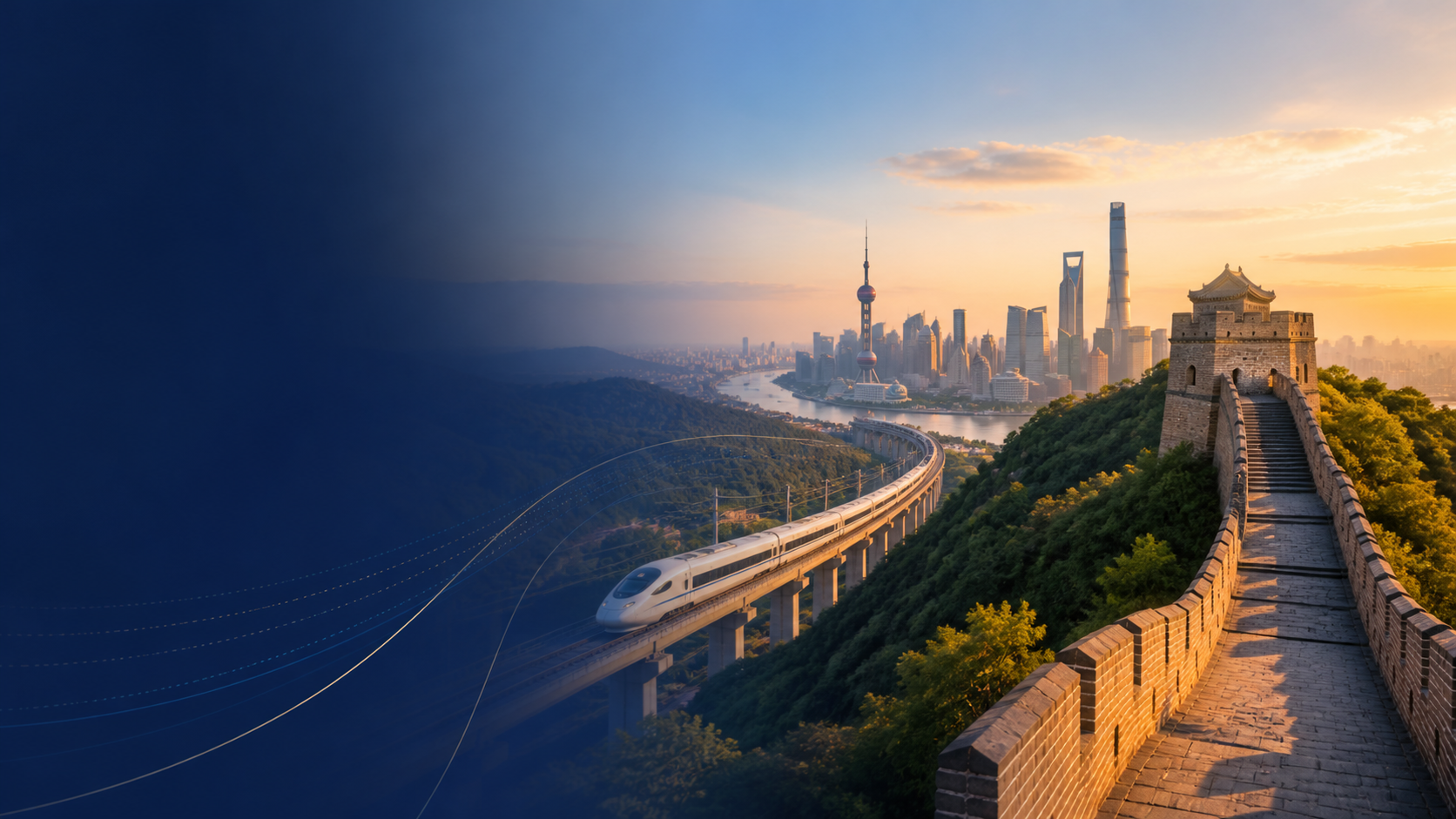 Scenic view of the Great Wall, Shanghai skyline, and a high-speed train